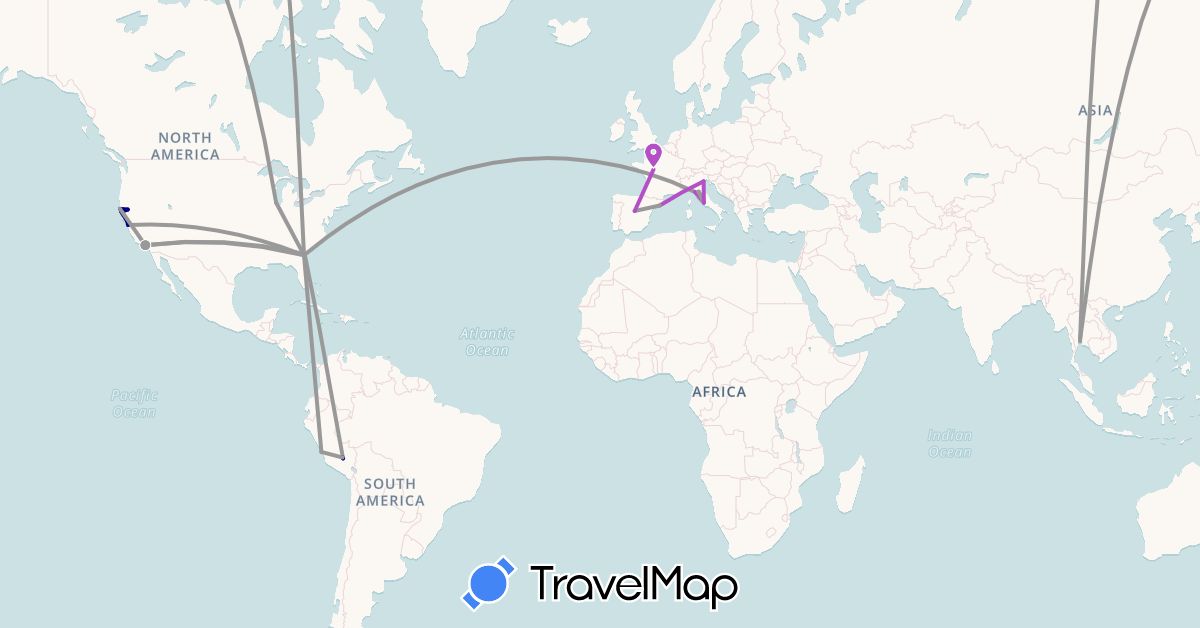 TravelMap itinerary: driving, plane, train in Spain, France, Italy, Peru, Thailand, United States (Asia, Europe, North America, South America)